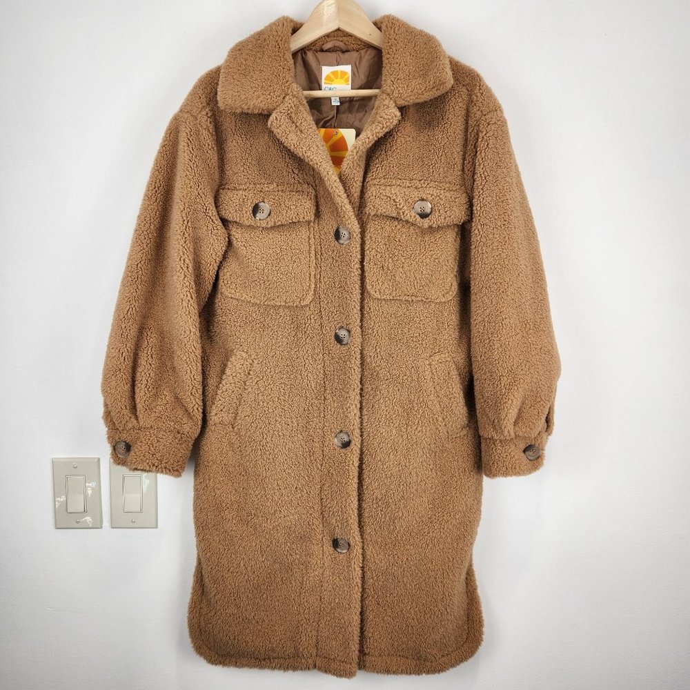 SOLD-C&C California Sherpa Shacket NWT Womens Size S Long Button Front Brown - Picture 5 of 13
